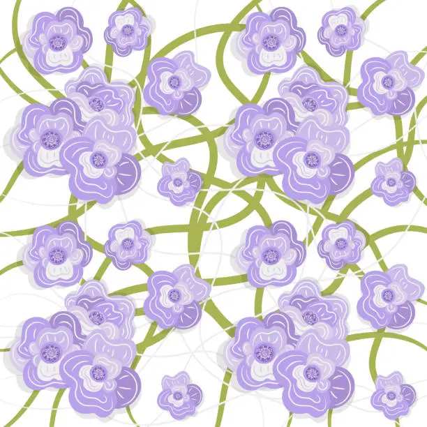 Vector illustration of Seamless pattern with violet flowers. Floral theme for wrapping paper, postcards, textiles. Vector.