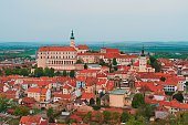 Aerial view of a cityscape featuring several buildings in Mikulov, South Moravia, Czech Republic