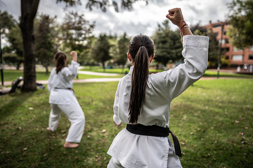 Teenage girls practicing karate/taekwondo movements at public park