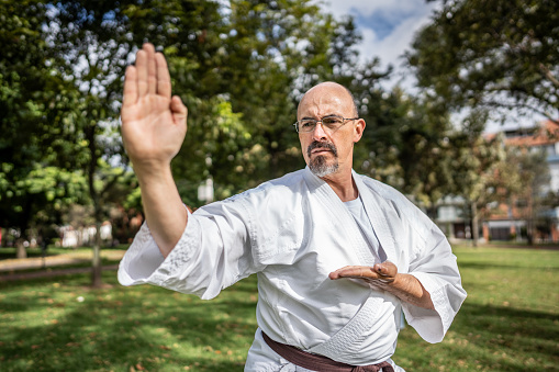 Mature man practicing karate/taekwondo movements at public park