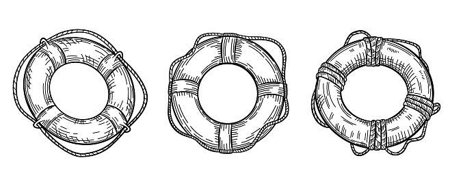 Set of lifebuoy with rope isolated sketch. Hand drawn life ring in engraving style collection. Vintage vector illustration