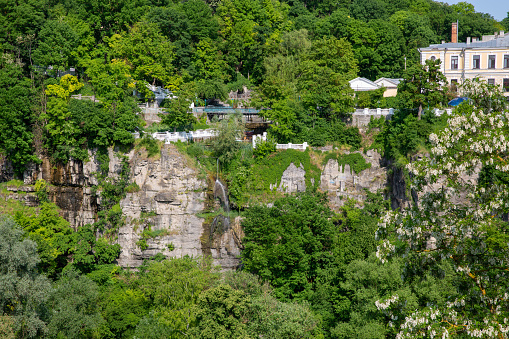 View over Smotrych river canyon with waterfall in Kamianets-Podilskyi, Ukraine.