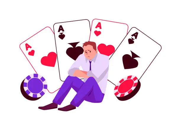 Vector illustration of Upset man sitting among aces of different suits flat style, vector illustration