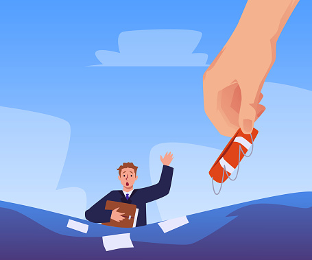 Business man drowning holding documents, asking for help. Hand gives lifebuoy. Business mistake, risk management. Insurance and protection in financial crisis storm. Vector flat isolated illustration