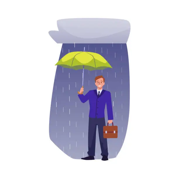 Vector illustration of Businessman stands under umbrella in rain, confidence, success protection strategy in crisis storm vector illustration