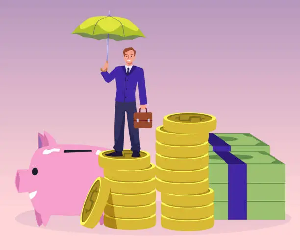 Vector illustration of Businessman stands on coins piggy bank and money under umbrella, success protection strategy in crisis storm flat vector