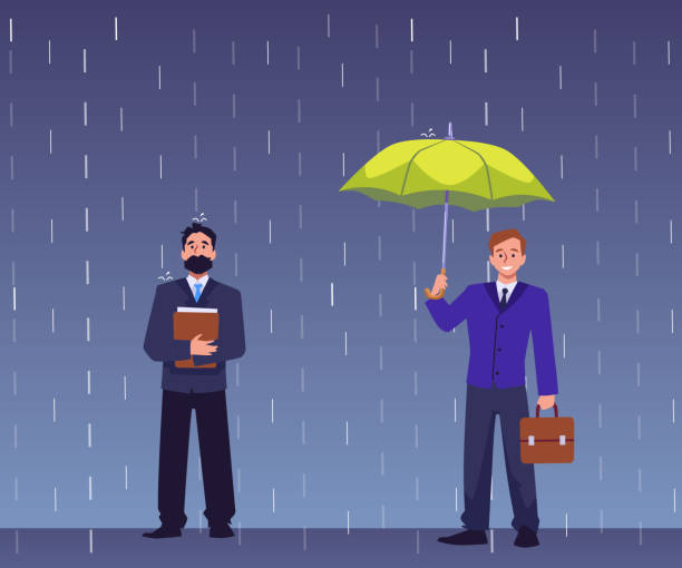 ilustrações de stock, clip art, desenhos animados e ícones de business men under umbrella and other man under rain, success and wrong business strategy in crisis vector illustration - umbrella men business businessman