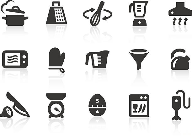 Kitchen Utensils icons 1 Monochromatic kitchen utensils related vector icons for your design or application. Raw style. Files included: vector EPS, JPG, PNG. dry measure stock illustrations