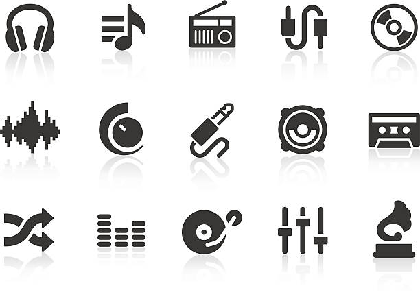 Set of music and audio icons Illustrated icons of music and audio related imagery.  These vector illustration icons are organized into three rows, each with five icons.  The first row includes a pair of headphones, a music note, a radio, an electrical cord and a CD.  The second row features icons depicting a sound frequency graph, a sound cable, a speaker and a cassette.  The third row has a pair of intertwined arrows, a sound graph, a record, sound dials and a gramophone player.  These solid, black and white icons are simple and stark in style. interconnect plug stock illustrations