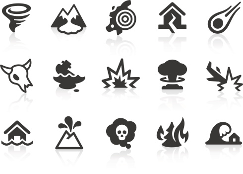 Monochromatic disaster and catastrophe related vector icons for your design and application. Raw style. Files included: vector EPS, JPG, PNG.