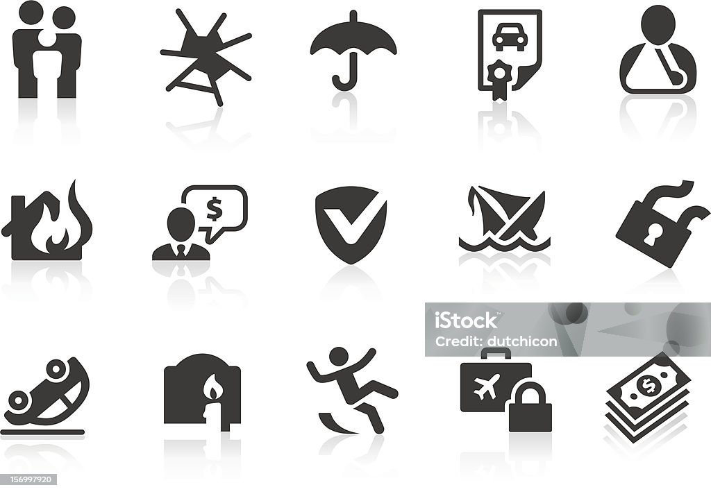 Illustrated set of 15 insurance-related icons Monochromatic insurance related vector icons for your design and application. Raw style. Files included: vector EPS, JPG, PNG. Icon Symbol stock vector