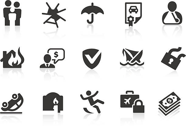 Illustrated set of 15 insurance-related icons Monochromatic insurance related vector icons for your design and application. Raw style. Files included: vector EPS, JPG, PNG. finance clipart stock illustrations