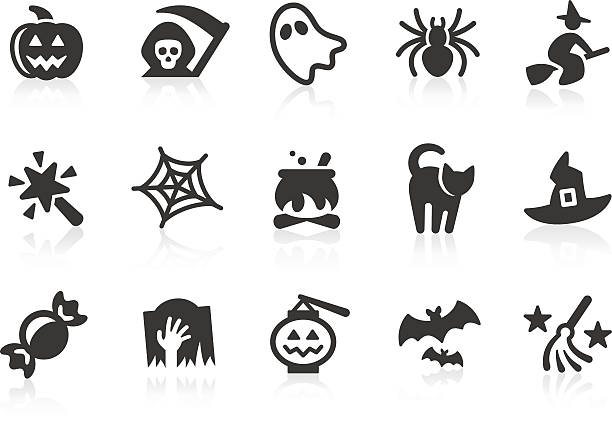 Set of black-and-white Halloween icons Simple Halloween related vector icons for your design and application. Files included: vector EPS, JPG, PNG. cat witch stock illustrations