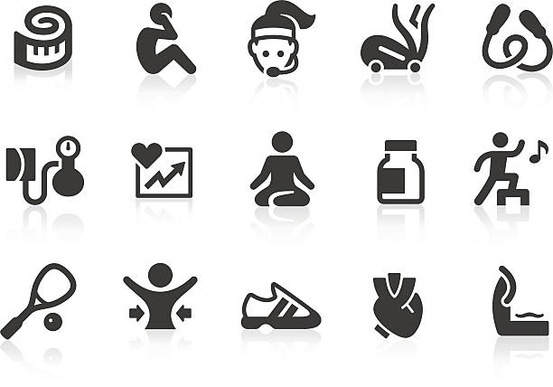 ilustraciones, imágenes clip art, dibujos animados e iconos de stock de vector conjunto de iconos de ejercicios y gimnasio - entrenador personal