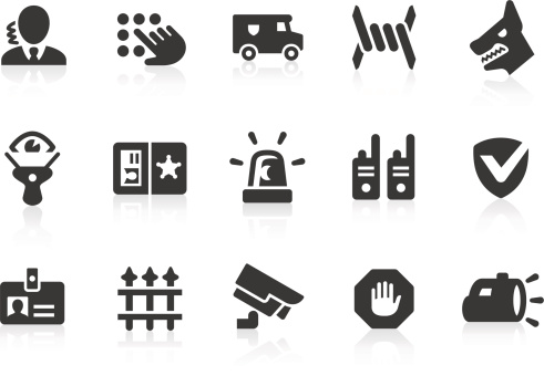 Monochromatic security related vector icons for your design and application. Raw style. Files included: vector EPS, JPG, PNG.