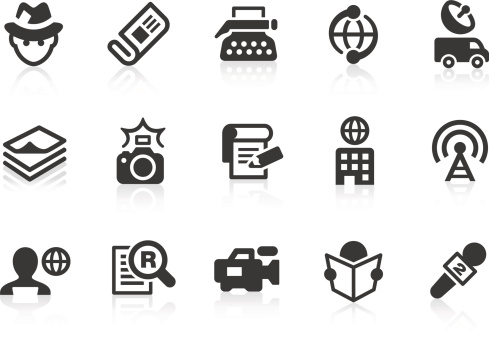 Monochromatic news reporter related vector icons for your design and application. Raw style. Files included: vector EPS, JPG, PNG.