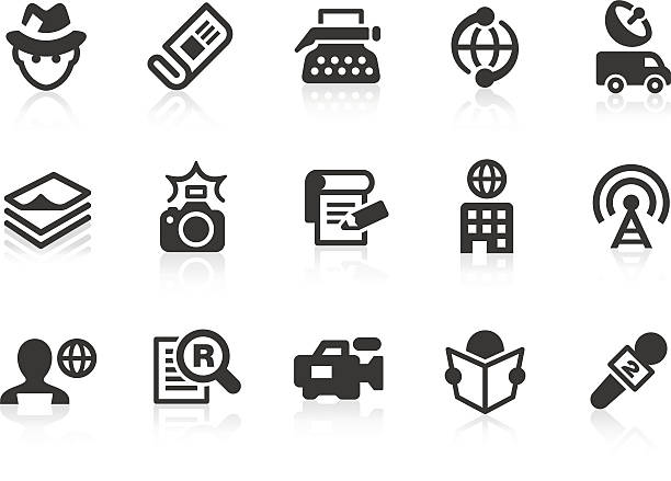 News reporter icons for design and application Monochromatic news reporter related vector icons for your design and application. Raw style. Files included: vector EPS, JPG, PNG. interview event symbols stock illustrations