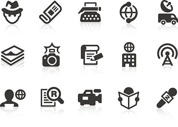 News reporter icons for design and application Monochromatic news reporter related vector icons for your design and application. Raw style. Files included: vector EPS, JPG, PNG. interview camera stock illustrations