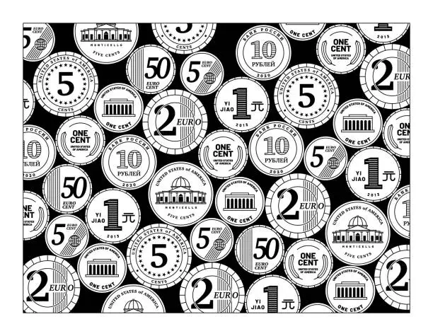 Vector illustration of Black and white vector background with coins of different creative countries. US Dollar, Euro, Chinese Yuan and Russian Ruble. Scattered coins on the table. Worldwide coins collection.