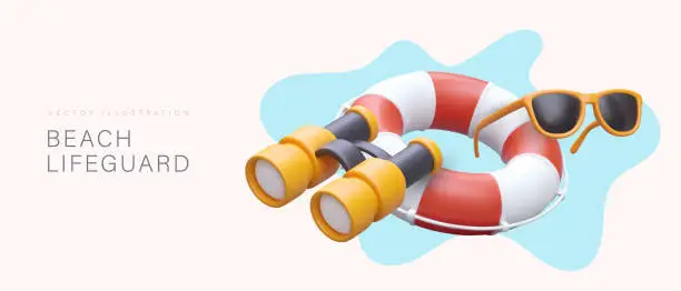 Vector illustration of Beach lifeguard. Patrol on coast. 3D striped lifebuoy, binoculars, sunglasses