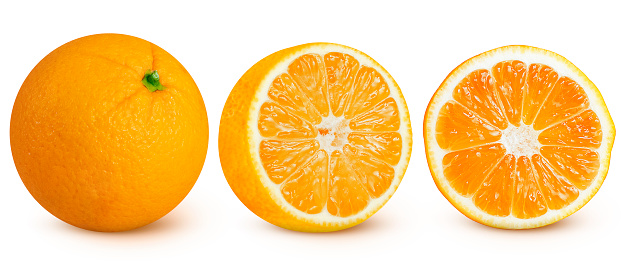 Collection of whole and cut oranges on an isolated white background.