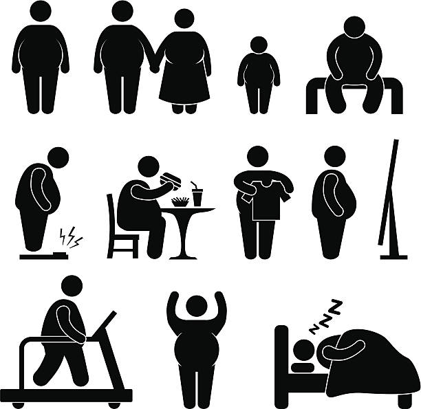 ilustrações de stock, clip art, desenhos animados e ícones de homem de gordura obesidade gordo pictograma - eating silhouette men people