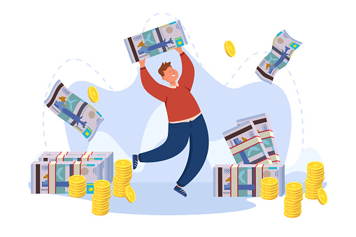 Happy man with big Kazakh tenge banknote vector illustration. Cartoon drawing of cash and stacks of coins, man with money prize or salary. Finances, success, wealth, banking, currency concept