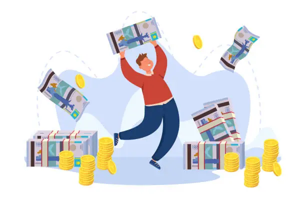 Vector illustration of Happy man with big Kazakh tenge banknote vector illustration