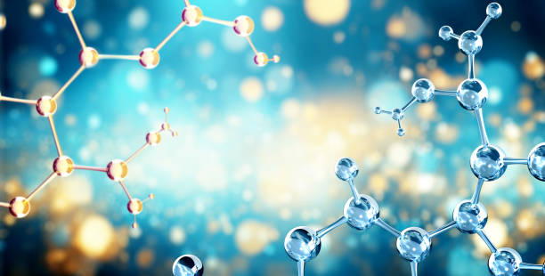 istock Horizontal banner with model of abstract molecular structure. Background of blue color with glass atom model 1570007466