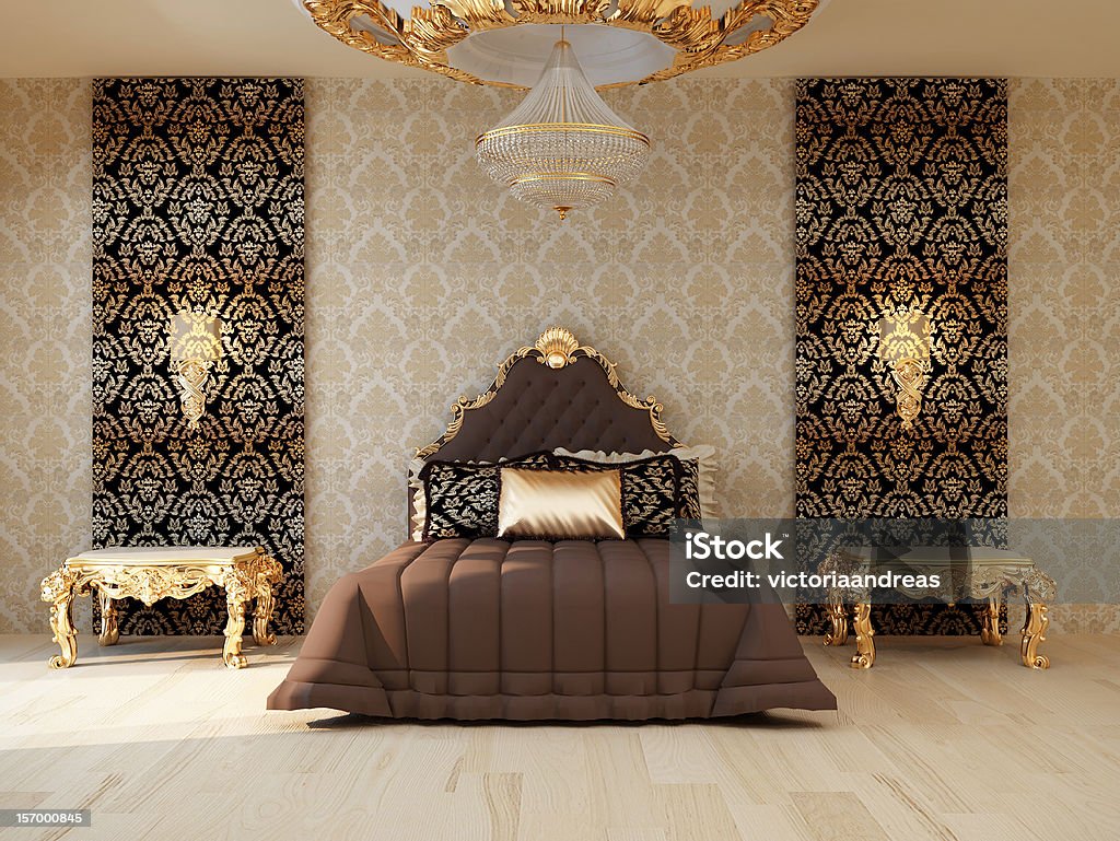 Camera di lusso con arredi d'oro reale interno - Foto stock royalty-free di Letto