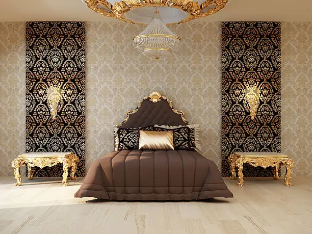 Photo of Luxury bedroom with golden furniture in royal interior