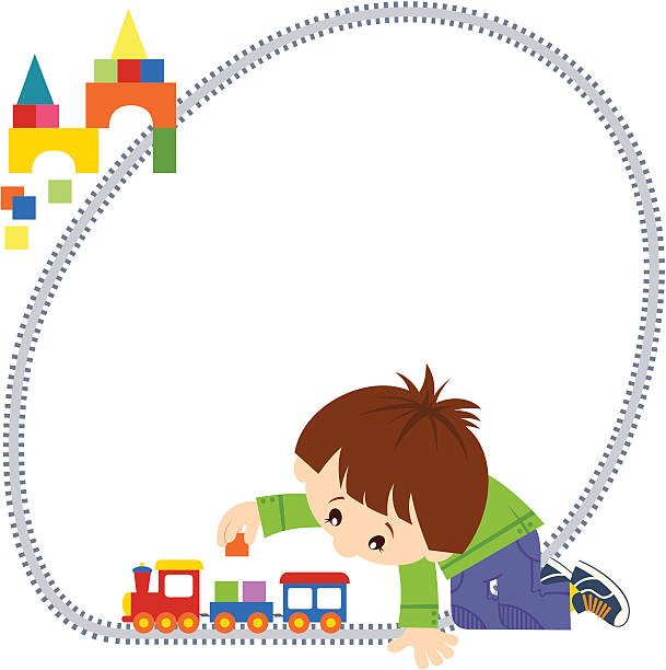 Happy boy playing toy train vector art illustration