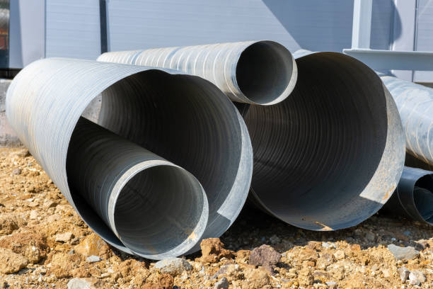 工業製造倉庫の板金スパイラルダクト。大型ビルの換気システム - air duct sheet metal construction material pipe ストックフォトと画像