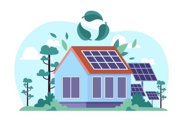 symbol recyklingu i dom z panelami słonecznymi ilustracja wektorowa - solar flat panel stock illustrations