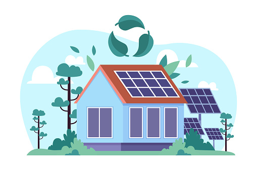 Recycle symbol and house with solar panels vector illustration. Sustainable building with alternative energy sources, green trees and recycling symbol. Green living, ecology, sustainability concept