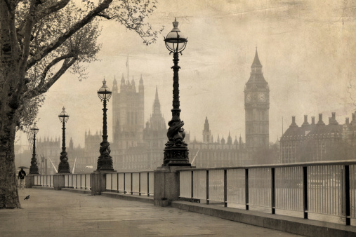 Vintage view of London,  Big Ben & Houses of Parliament, old sepia tone.