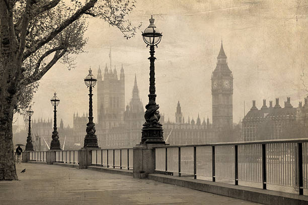 Vintage view of London Vintage view of London,  Big Ben & Houses of Parliament, old sepia tone. sepia toned photos stock pictures, royalty-free photos & images