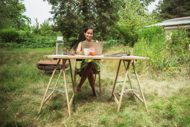 istock woman working with laptopt at desk in garden 1570023672