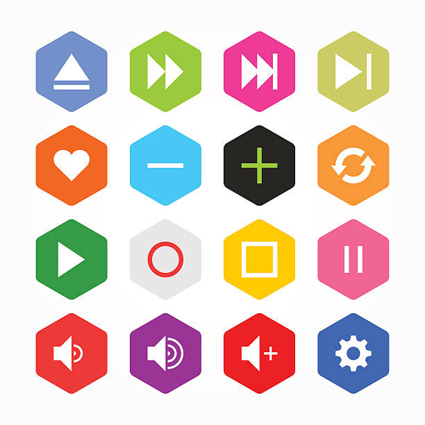 ilustraciones, imágenes clip art, dibujos animados e iconos de stock de hexagonal, reproductor de medios señal icono botón plano de estilo plano sencillo - solid sign hexagon media player