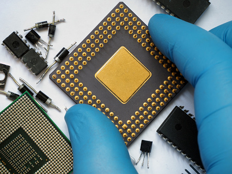 Semiconductors and electronic industry. Processors, transistors, integrated circuits, diodes.