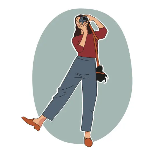 Vector illustration of Young Fashionable Woman Making Pictures with Photo Camera , Girl Photographer Character, Tourist Visiting Musem Exposition, Creative Hobby.Hand drawn style vector design illustrations.