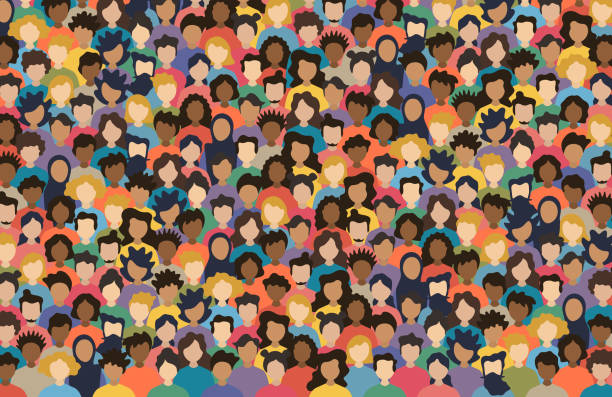 ilustrații de stoc cu mulțime multiculturală de oameni. grup de bărbați și femei diferite. tânăr, adult și mai în vârstă peole. popoarele europene, asiatice, africane și arabe. fețe goale. ilustrare vectorială. compoziție orizontală - diversitate
