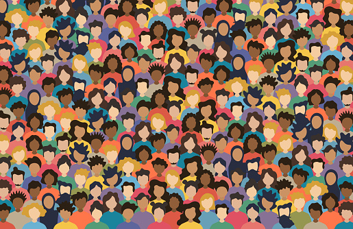 Multicultural Crowd of People. Group of different men and women. Young, adult and older peole. European, Asian, African and Arabian People. Empty faces. Vector illustration. Horizontal Composition