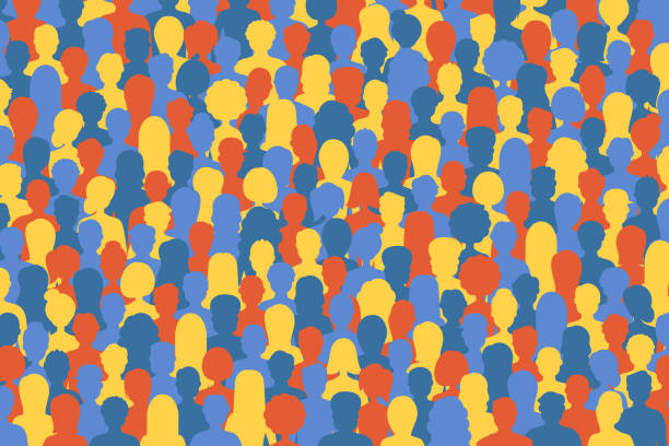 kerumunan orang multikultural. kelompok pria dan wanita yang berbeda. peole muda, dewasa dan lebih tua. orang eropa, asia, afrika, dan arab. wajah kosong. ilustrasi vektor. komposisi horisontal - kerumunan-orang ilustrasi stok