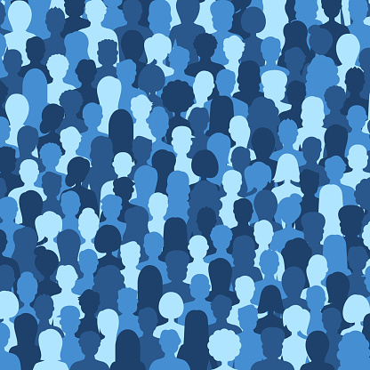 Multicultural Crowd of People. Group of different men and women. Young, adult and older peole. European, Asian, African and Arabian People. Empty faces. Vector illustration. Blue Color Palette. Minimalism Style