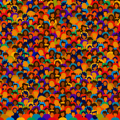 Multicultural Crowd of People. Group of different men and women. Young, adult and older peole. European, Asian, African and Arabian People. Empty faces. Vector illustration. Square Composition