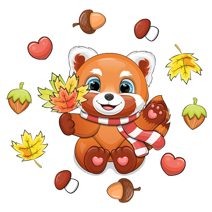 Vector illustration of an animal with a nut, an acorn, a yellow leaf, a mushroom and a heart on a white background.