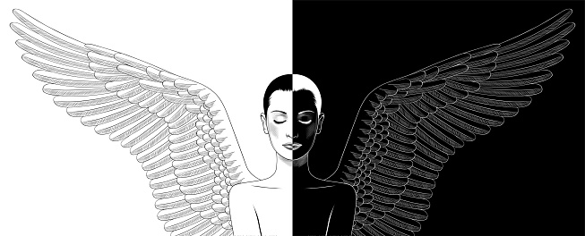 Angel or demon. Black or white. Opposites in one person. Duality. Depression, concept art of psychological illness. Female silhouette of healthy and depressive reflection. Vector illustration.