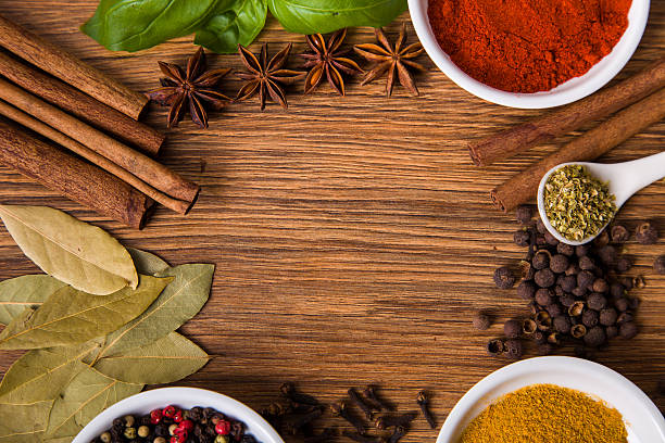 istock Frame composition of spices on wood, anise,cinnamon,pepper, laurel 157006619