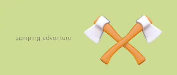 Vector illustration of Camping adventures. Realistic crossed axes with wooden handles